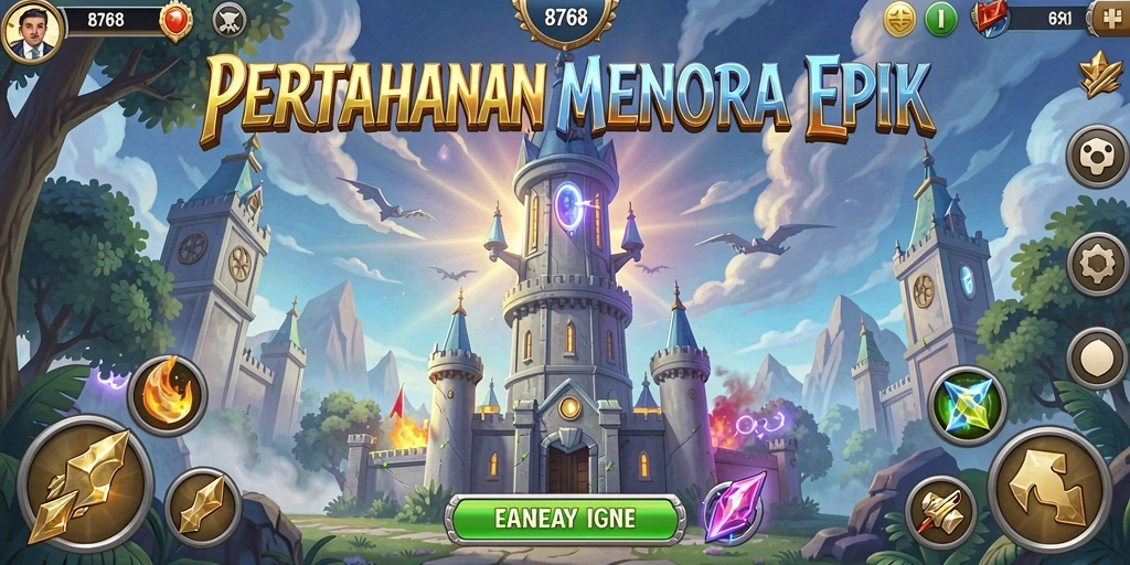 Screenshot gameplay 8768 menampilkan menara yang sedang melawan gelombang musuh.