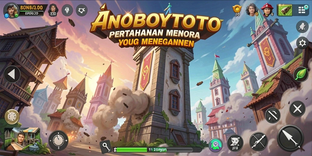 Gameplay ANOBOYTOTO menunjukkan aksi menara mempertahankan wilayah dari serangan musuh.
