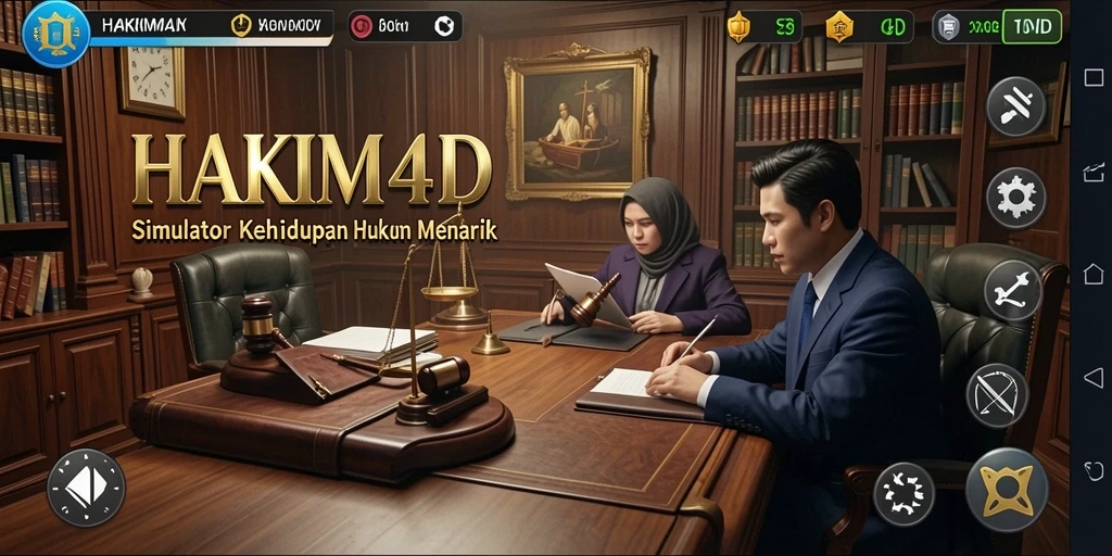 Tampilan gameplay HAKIM4D yang menampilkan interaksi hakim dan kasus hukum.