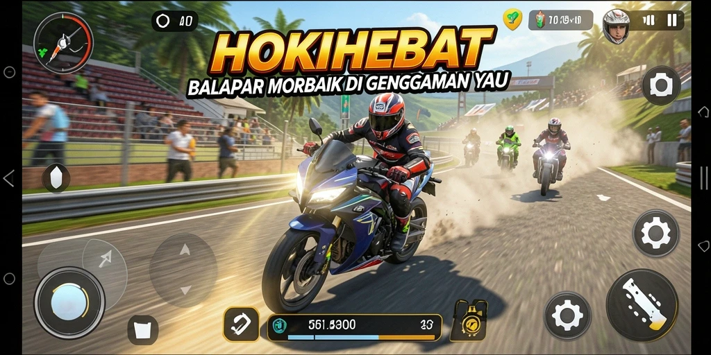 Screenshot gameplay HOKIHEBAT dengan balapan motor yang menegangkan.