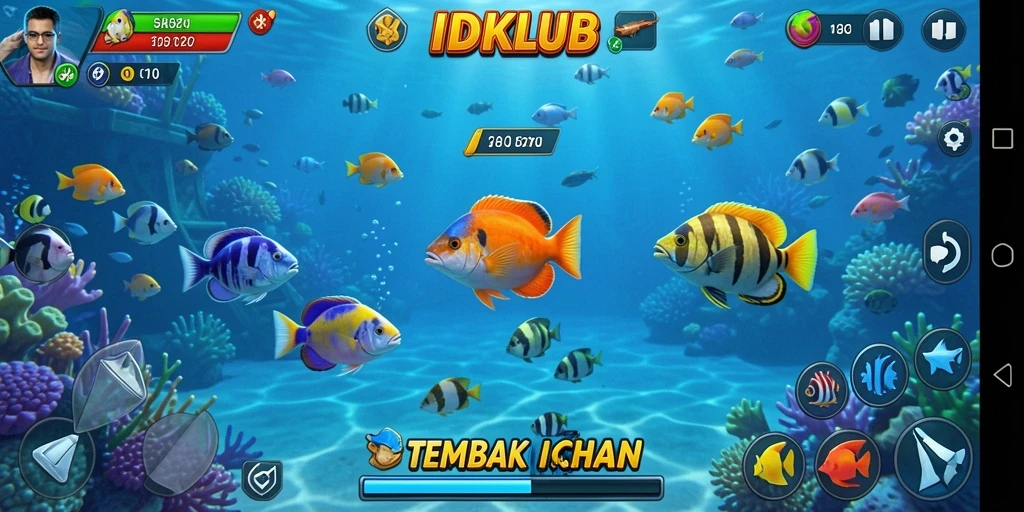 Tampilan gameplay seru dalam IDKLUB saat menembak ikan.