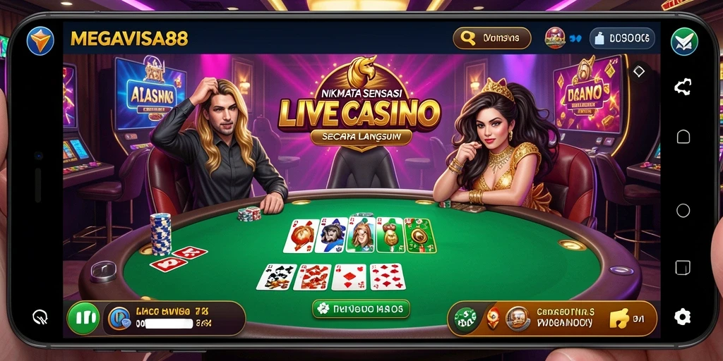 Screenshot gameplay <strong>MEGAVISA88</strong> yang menampilkan dealer dan tabel permainan kasino.