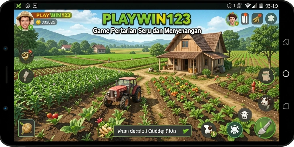 Tangkapan layar gameplay PLAYWIN123 menampilkan suasana pertanian yang hidup dan interaktif.
