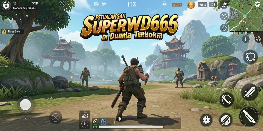 Screenshot gameplay dari SUPERWD666 yang menunjukkan dunia terbuka yang luas.