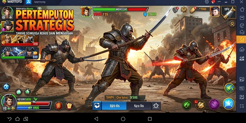 Tangkapan layar gameplay WATITOTO yang menunjukkan pertempuran strategis yang intens.