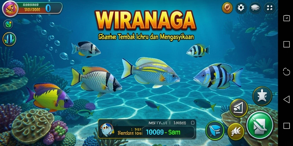 Tangkapan layar gameplay WIRANAGA dengan aksi menembak ikan yang seru.